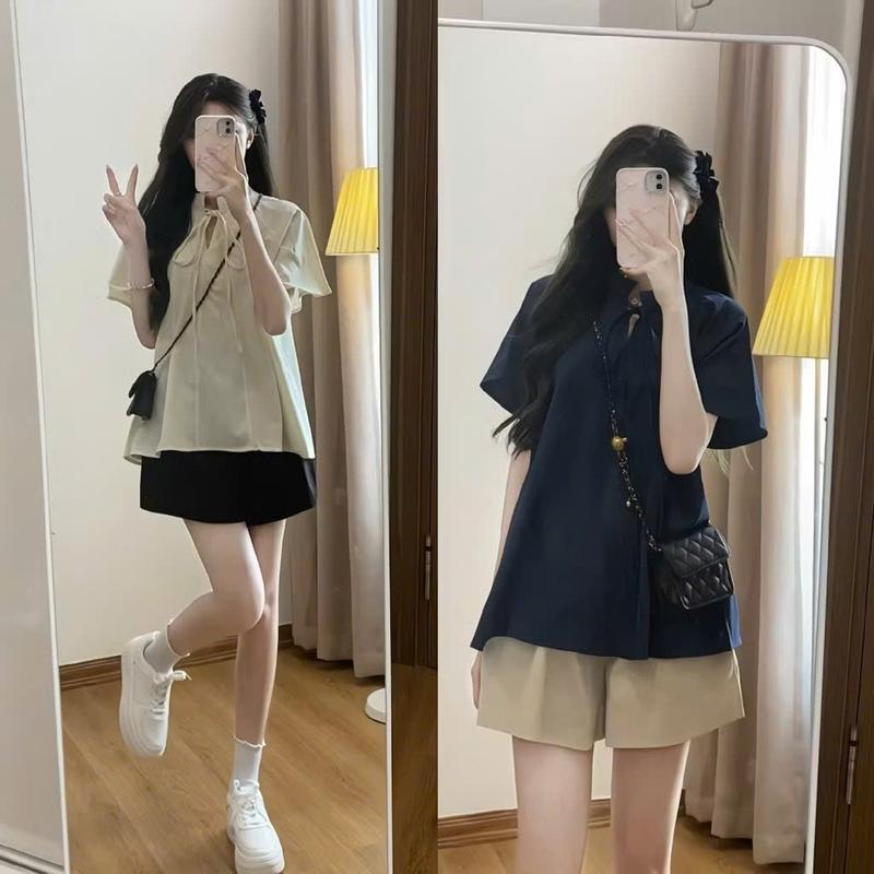 Set áo buộc nơ cổ tàu kèm quần short bazic dễ mặc dễ phối đồ Kem Nữ Women Top Jacket Tim Kaki