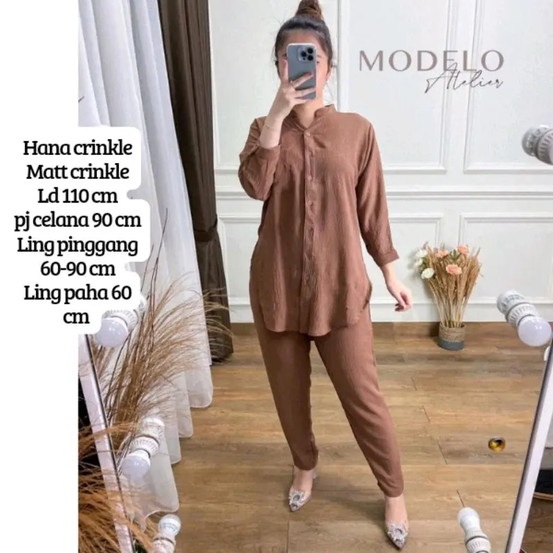 Hana Set Crincle Airflow Premium Wanita Celana Crinkle  Setelan Baju Kancing Panjang Kulot Dewasa 3