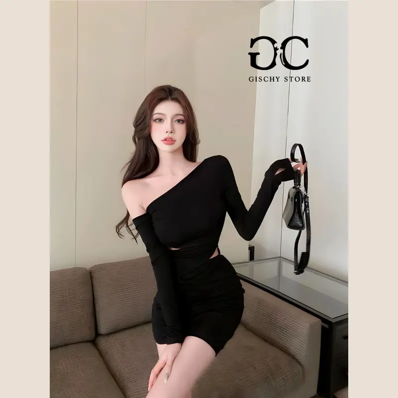 GISCHY-GC02-Váy Đầm Body Nữ  GYSCHY Thiết Kế Lệch Vai Khoét Eo Dáng Ôm Thời Trang Quyến Rũ Màu Đen Women Dress Khuy 5