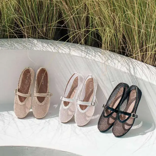 SAHIKU - Brielle Mesh Flat Shoes II Sepatu Balet Fishnet Mary Jane II Flatshoes Jaring Net Korean Style Wanita