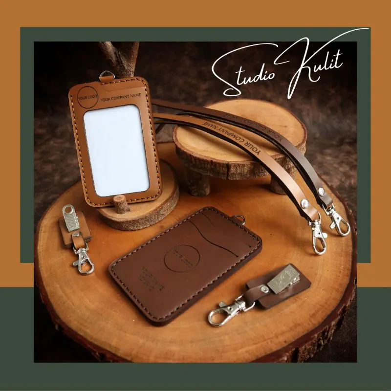 Lanyard ID Card / ID Card Holder Kulit / Name Tag Kulit Custom Gravir Nama Logo 0