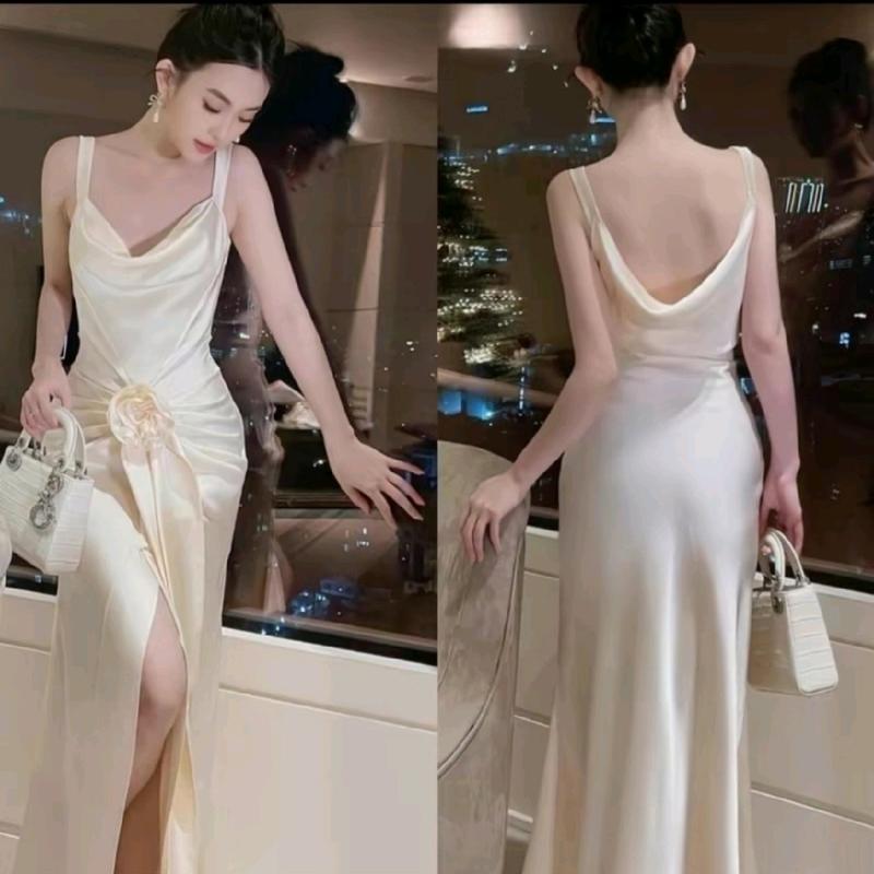 Váy Lụa Cổ Đổ Hở Lưng Sang Chảnh - Rose Dress Nữ Women Nhung Voan