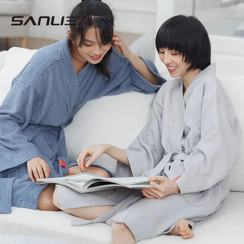[New Bathrobe] Sanli Towel Pure Cotton Adult Bathrobe Large Nightgown Walf Checks Fabric Pajamas Couple Homewear