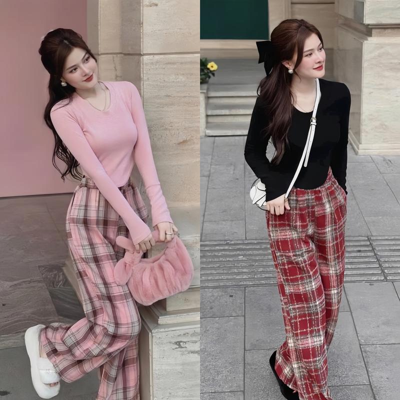 Set đồ nữ áo tay dài cổ tim phối quần ống rộng dài sọc caro xinh xắn, dễ thương dành cho chị em đi chơi, mặc nhà Top Women