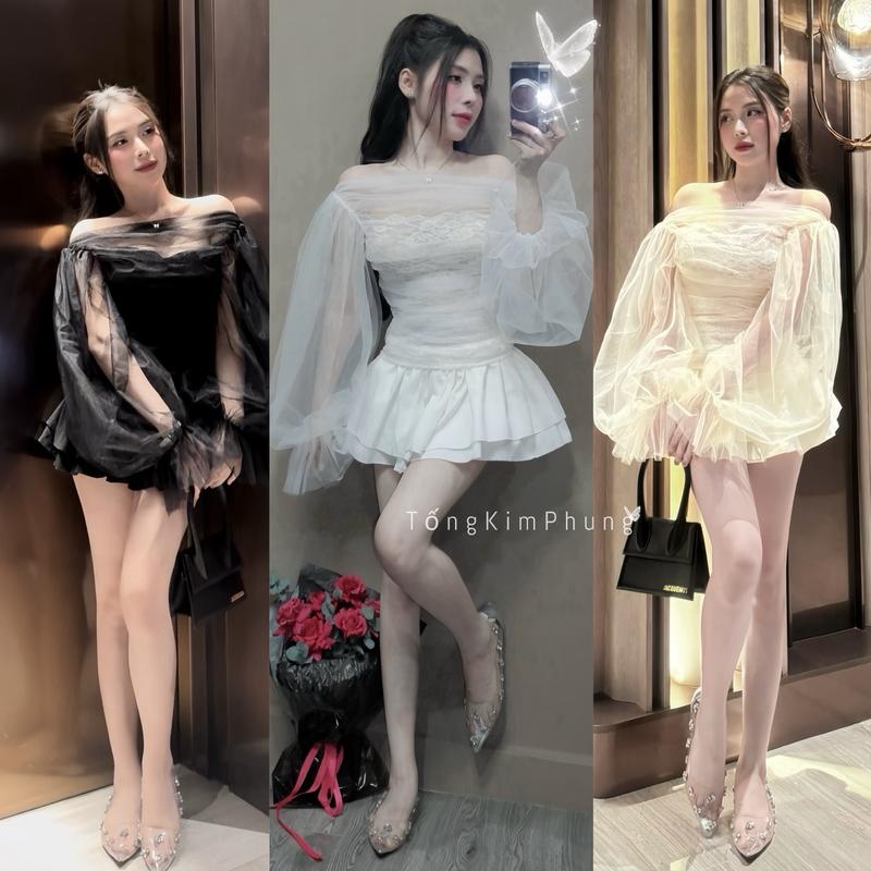 (Ảnh Chính Chủ)Sét Áo Ren Lưới Trễ Vai Tay Dài Tiểu Thư 3 Lớp+Chân Váy 3 Lớp Xòe Tôn Dáng