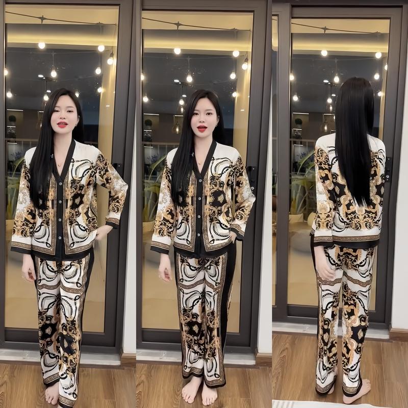 Bộ Đồ Ngủ Pijama Dài Tay Hisexy Set Pijama Dài tay Lụa Latin Cao Cấp mềm mịn P11 Women Nữ Quần Ngủ Áo Ngủ