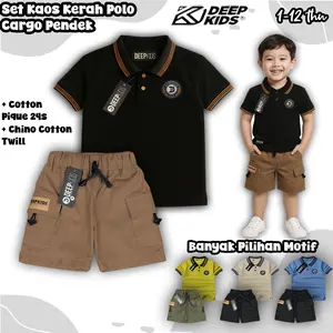 Deepkids Kaos & Setelan Anak Laki Laki Kaos Kerah Polo Bahan Cotton Pique 24s (Lacos CVC) & D & Celana Cargo Pendek Usia 1-12 Tahun untuk usia 1 2 3 4 5 6 7 8 9 10 11 12 Tahun
