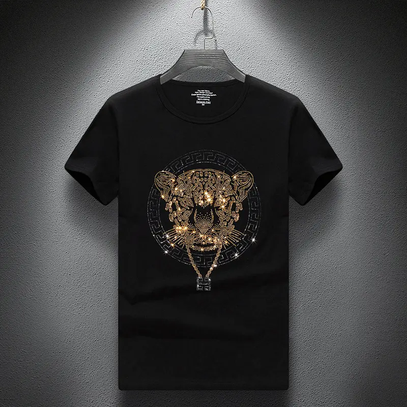 2025 Summer Light Luxury Popular Short Sleeve T-shirt Men's High-Grade Heavy Industry Leopard Full Diamond Loose All-Match round Neck Half Sleeve