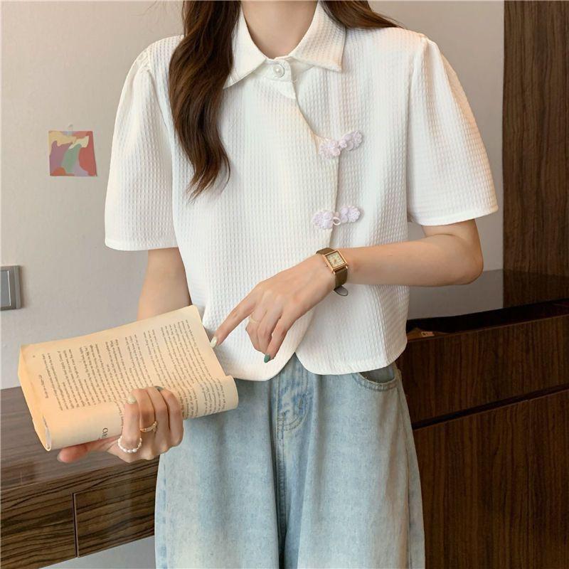 Product Introduction of Cheongsam Button Polo Collar Short-Sleeved Shirt Women's Summer 2025 New Design Sense Niche High-Grade Short Shirt Fashion Top Womenswear Blouse Lingerie Casual Comfort Basic Collared Minimalist 12