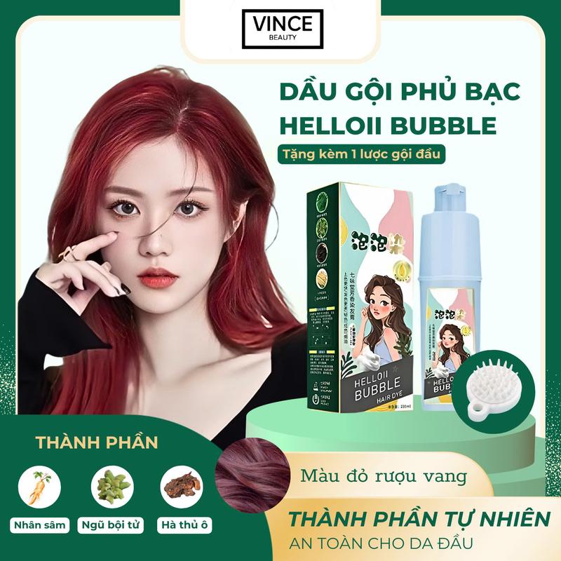 NHUỘM ĐỎ RƯỢU - Dầu Gội Nhuộm Tóc Phủ Bạc HELLO BUBBLE 230ml Chiết Xuất Thảo Dược Thiên Nhiên, Nhuộm Tóc Đơn Giản Tại Nhà Lên Tóc Chuẩn Màu Salon