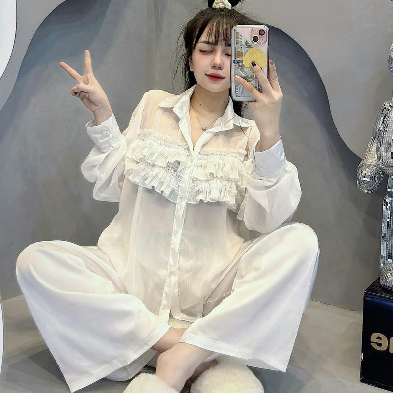 Bộ Đồ Ngủ Nữ Tay Dài Chất Lụa Latin Mềm Mại Phối Vải Voan Có Lót Trong Freesize Women setdomac nhaxinh pizamanu 8