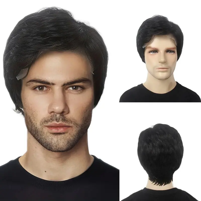 Black Mens Lace Front Mens Wigs Updated Soft Material 6X4X0.5 T Part Lace Straight Wigs with 150% Density Side Part Synthetic Ha