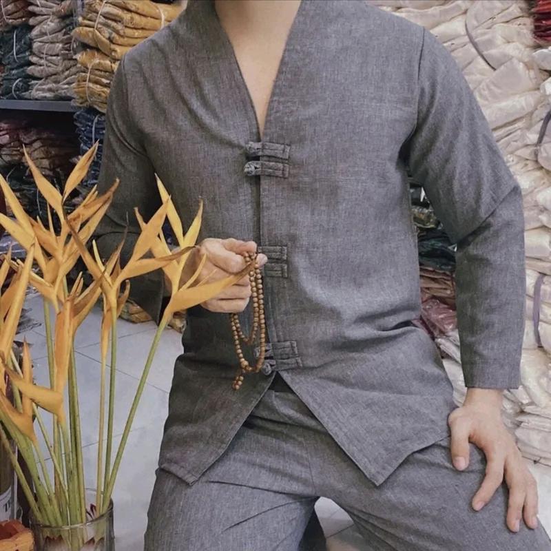 Đồ lam đi chùa nam cao câp-Bộ Phật Tử cho nam vải linen đẹp thoáng khí đủ size-ĐỒ LAM KAMI Quần Áo 3