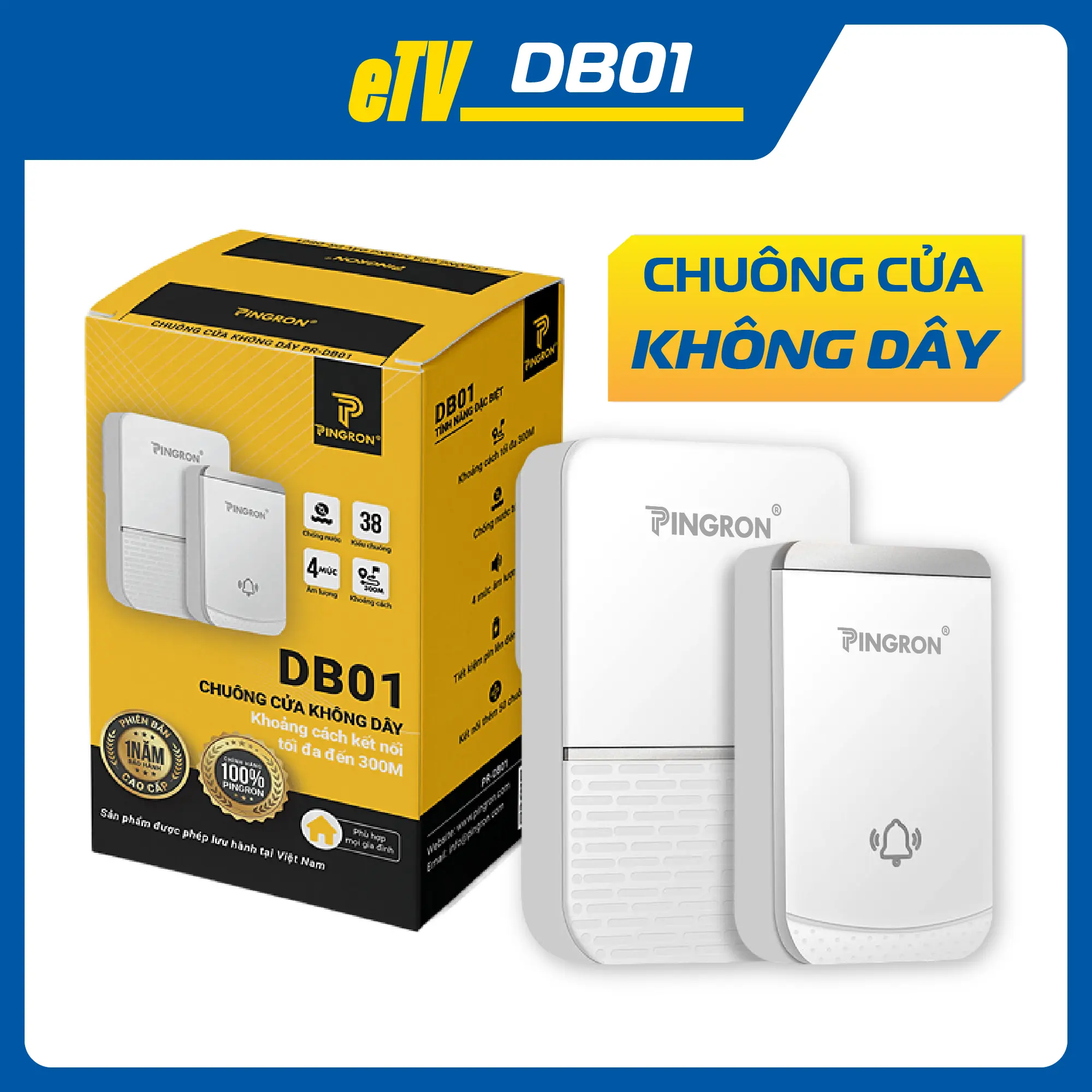 Chuông cửa không dây, chuông báo khách không dây PINGRON PR-DB01 hỗ trợ 36 kiểu chuông và tùy chỉnh được âm lượng chuông chuông  cửa