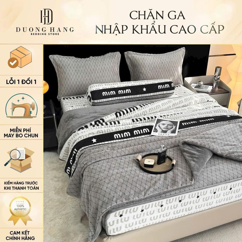 NỈ NHUNG SỮA - Bộ Chăn Ga Gối 5 món ( 1 chăn bông dày - 1 ga bo chun - 2 vỏ gối nằm - 1 vỏ gối ôm) - Hàng Nhập Khẩu