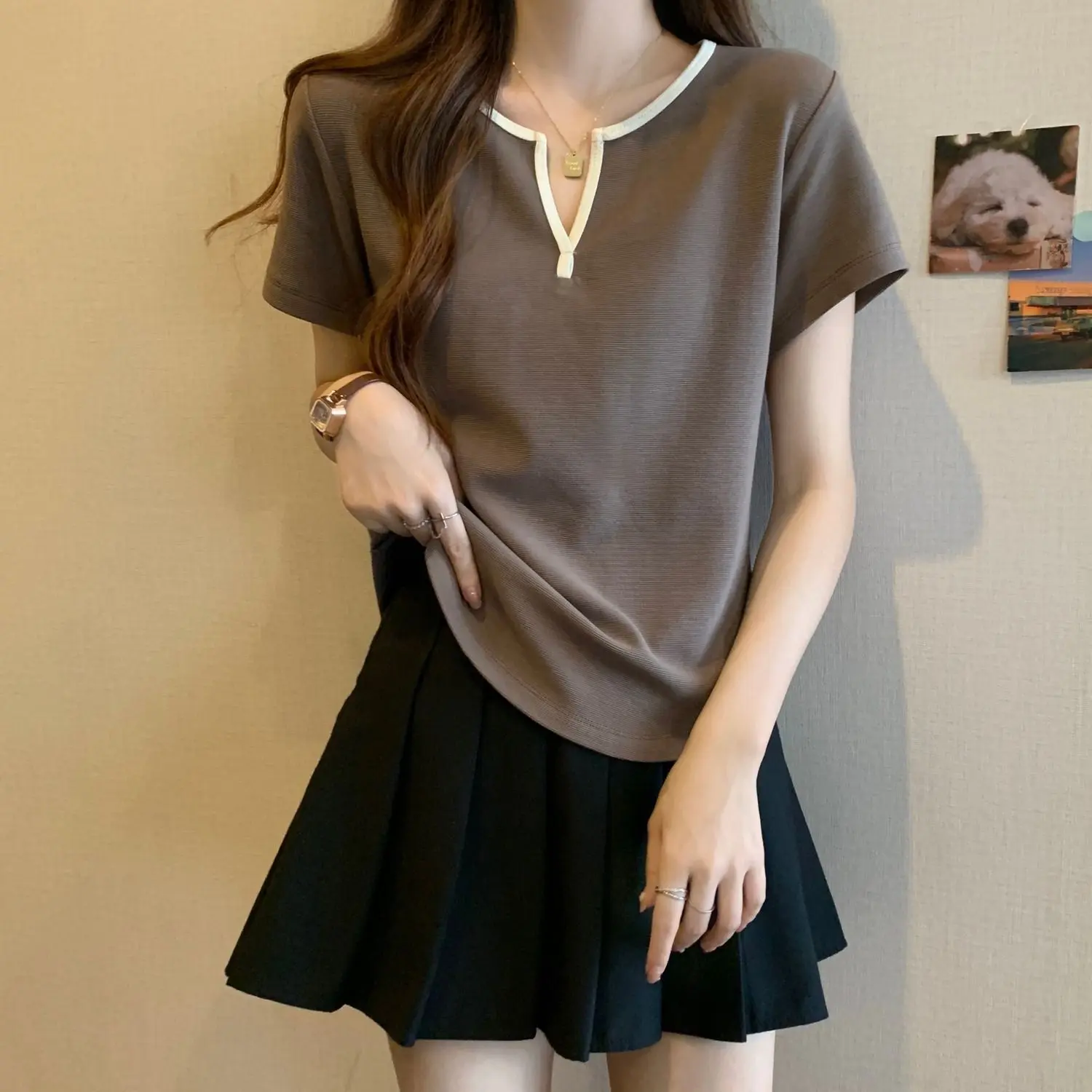 Large size-Large Size Women's Clothing Fat Mm2024 Summer V-neck New Age-Reducing Shoulder Short Sleeve All-Match  Top T-shirt Fashion