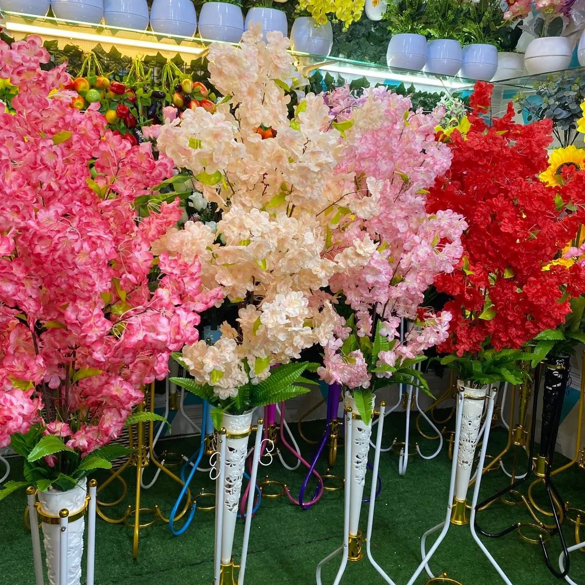 Bunga hiyas sakura belosom daun k5 set  pot besi tanaman artifisial Plastik