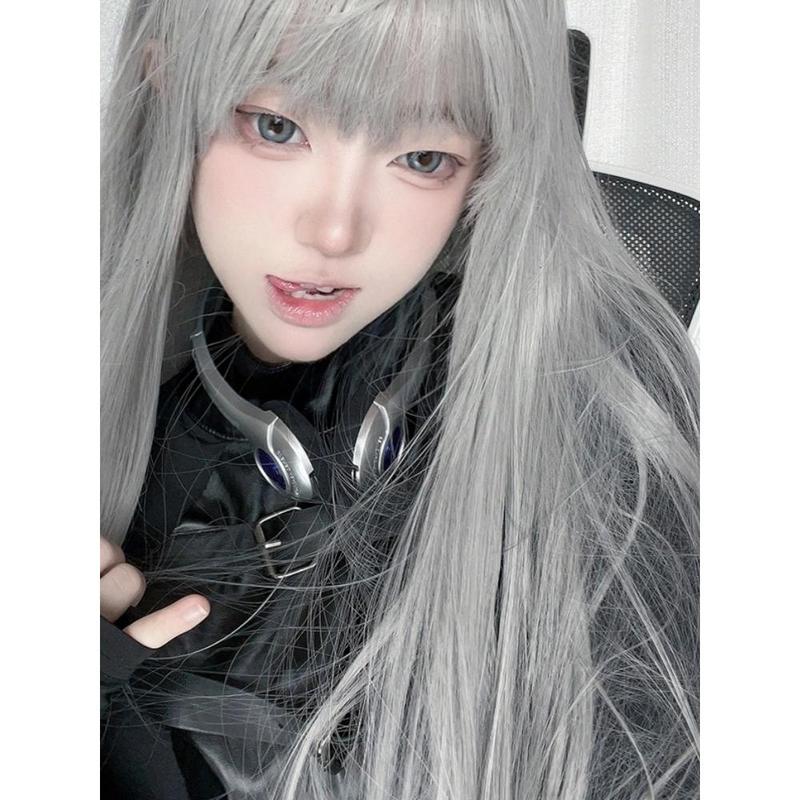 Wig Female Online Influencer Long Straight Hair Daily Gray Lolita Japanese Full-Head Wig JK Vigorous Sweet Cute Hair Cover 4