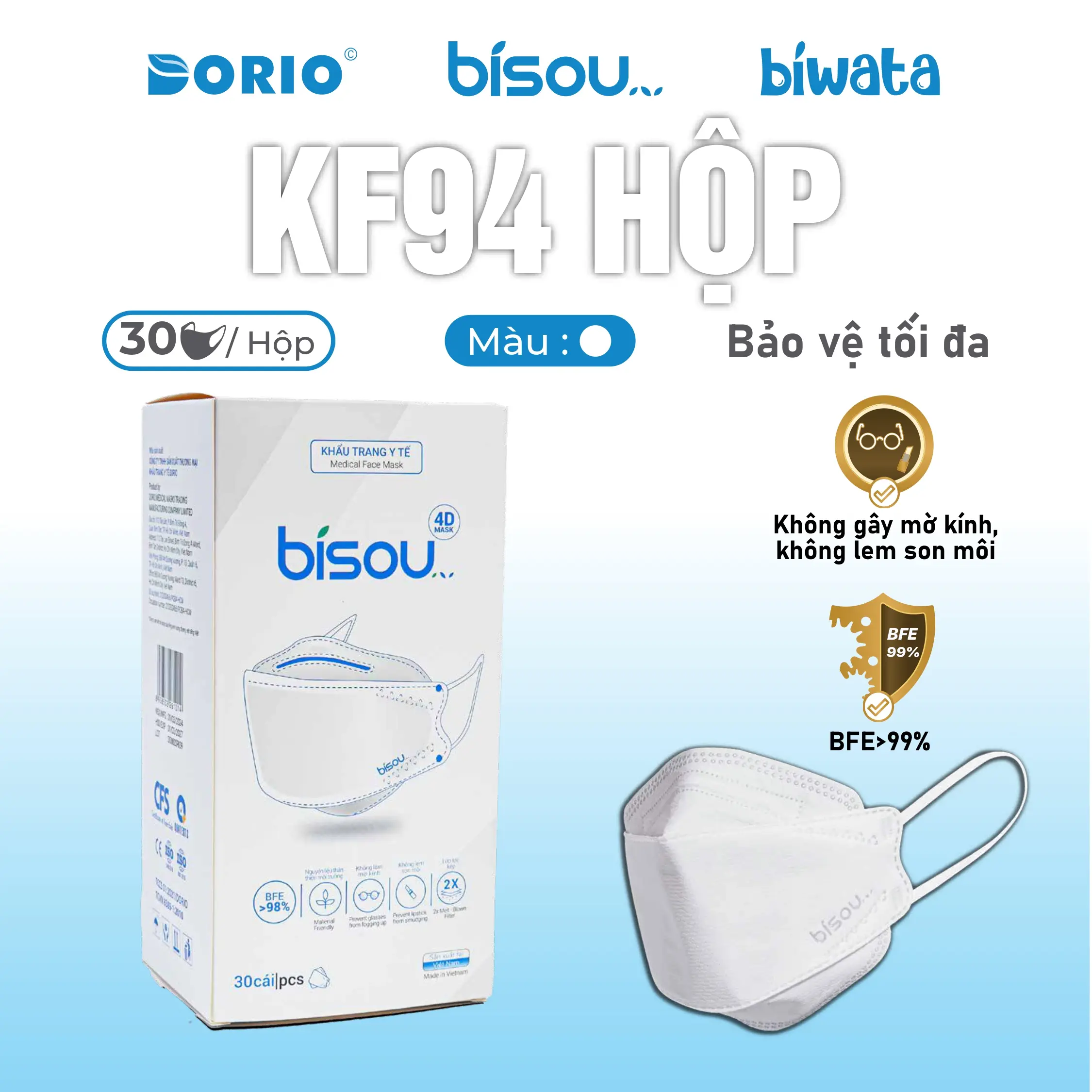 Hộp 30 cái khẩu trang y tế cao cấp 4D-KF94 hiệu BISOU