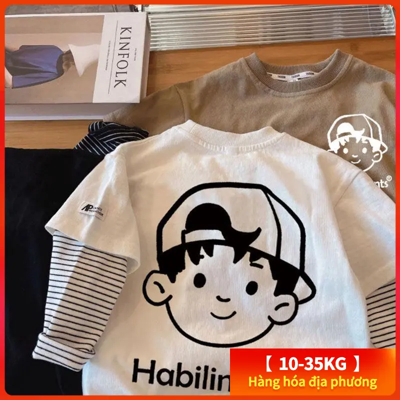 【Boy Tops】(10-35kg) Áo Thun Cotton 100% Dài Tay Ghép Nối Dải, Áo Thun In Hình Phong Cách Hàn Quốc Cổ Tròn, Quần Áo Trẻ Em Mùa Xuân Thu Thời Trang Kids Fashion Tshirt