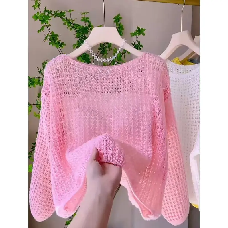 Áo Áo Cánh Dệt Kim khoét Mỏng, Phong Cách Lười Biếng, Dành Cho Nữ, Hàng Mới Về Mùa Mùa Xuân Và Mùa Hè, Dáng Rộng Vừa Vặn, Phối Cảnh Không Khí Quốc Tế, Áo Chống Nắng Dài Tay