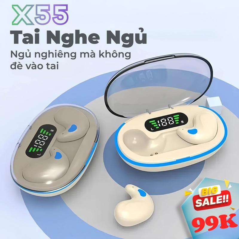 Tai nghe ngủ, X55, Âm thanh nổi cấp HiFi, Mic tích hợp chống thấm nước IPX5, Hỗ trợ iPhone và Android, Tai nghe điều khiển cảm ứng