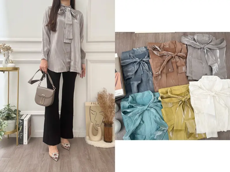 Atasan Kemeja Shimmer Premium Tali Pita Depan Wanita [KHANAYA] Variasi Top 1