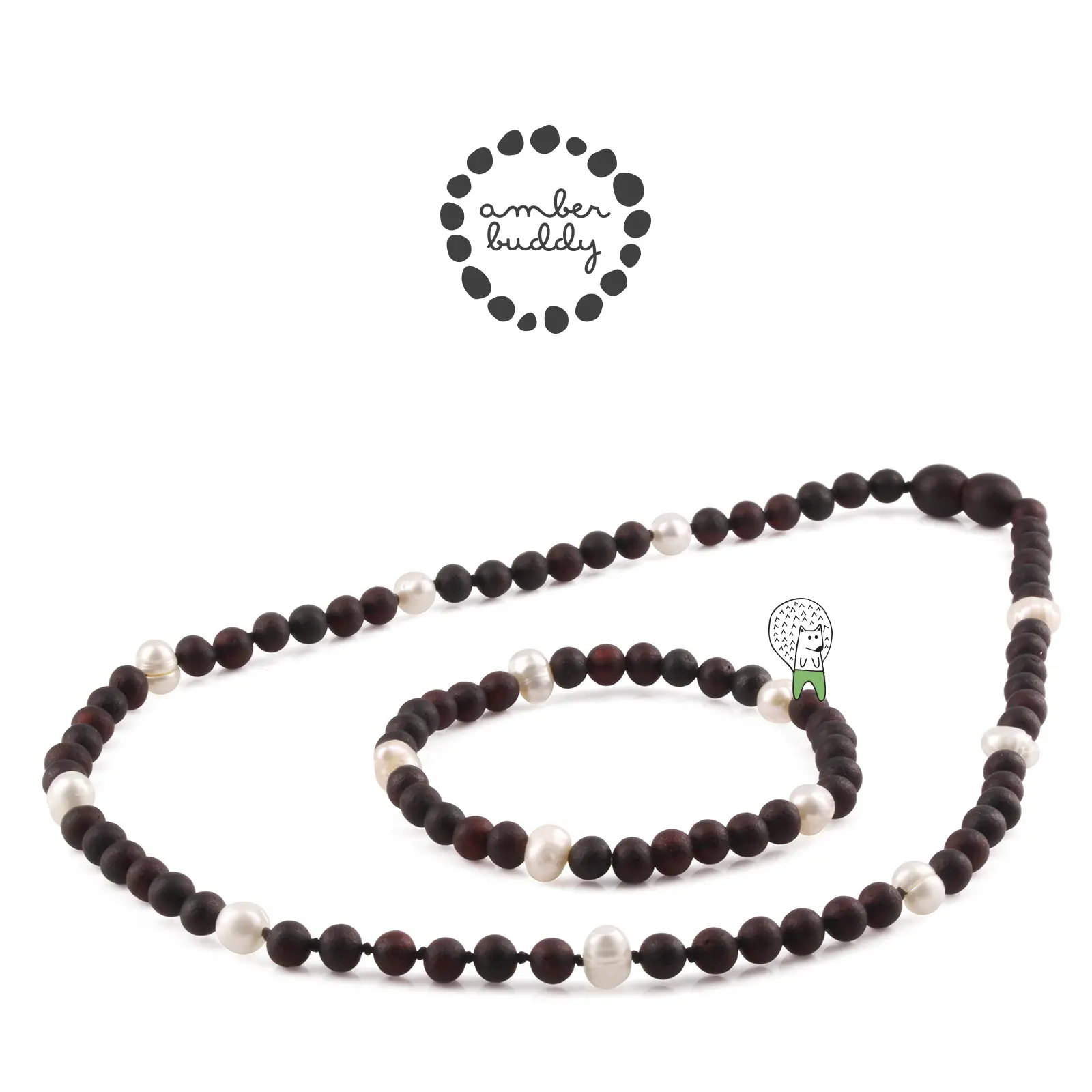 Amber Buddy | BLE253 Kalung & Gelang Amber Dewasa kombinasi Freshwater Pearl. 42cm & 14 cm