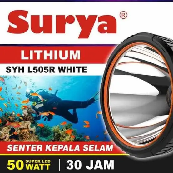 Senter Kepala Selam Head Lamp LED 6000mAh Surya SYH L505R White 50 Watt Putih Baterai