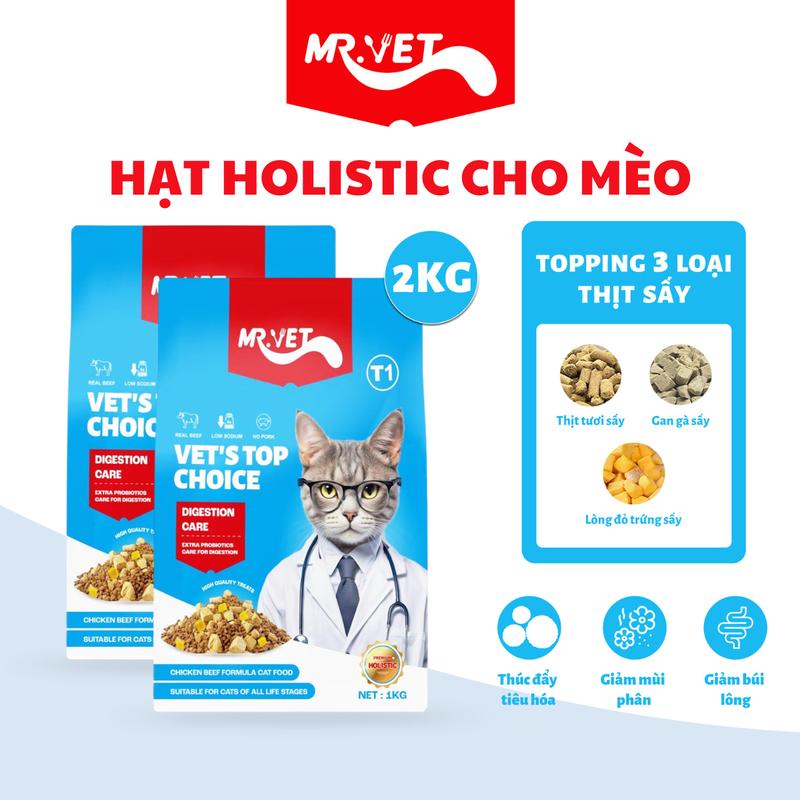 [THỨC ĂN CHO MÈO] 2 Túi Hạt Holistic Mr.Vet Thế hệ T1 Túi 1kg thức ăn cho mèo con, mèo trưởng thành với 30% protein có topping thịt và xương tươi, gan gà và lòng dỏ trứng sấy khô