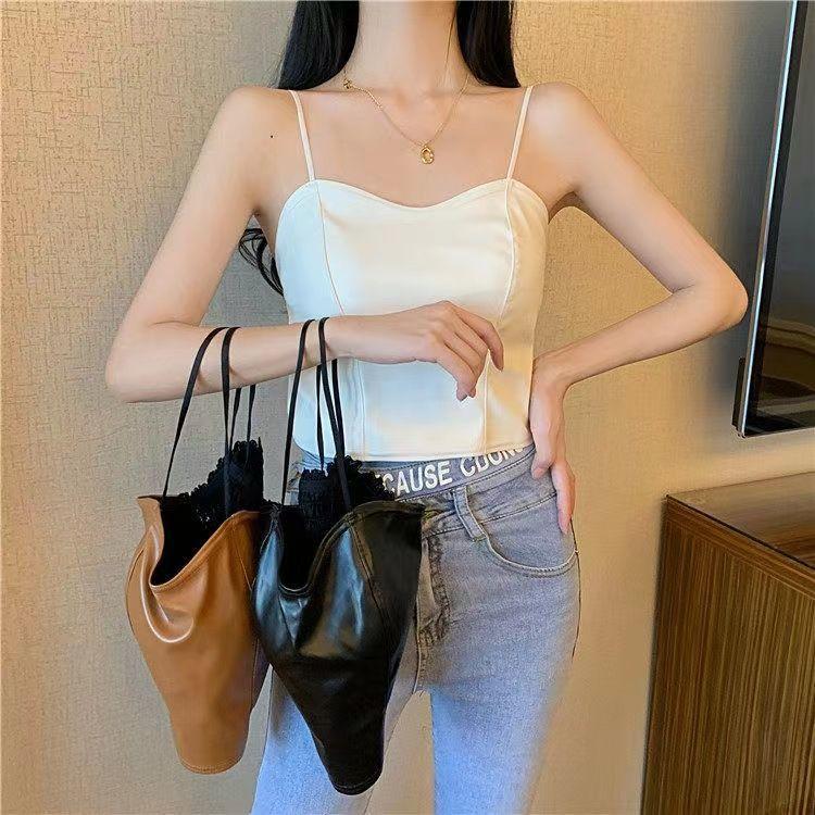 Product Introduction of European and American hot girl PU leather jacket, camisole, small vest, women's autumn outfit with chest cushion, short base shirt, top Lingerie Tube Lady Basic Minimalist Spaghetti Strap 1
