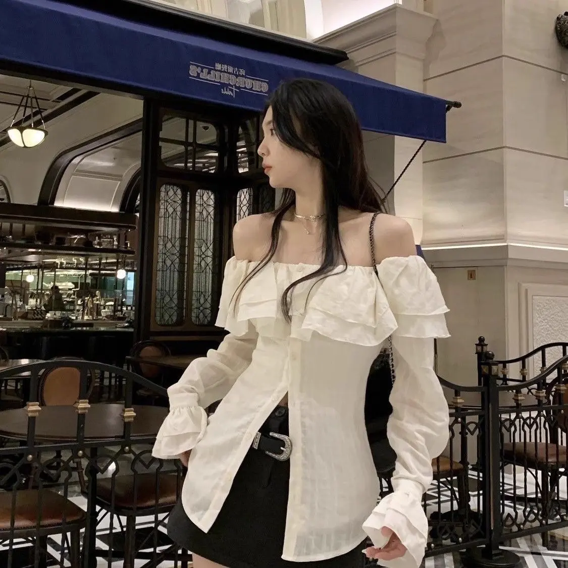 Áo trễ vai phối bèo tiểu thư dài tay ,Siết Eo sẵn ( ko dây buộc), phong cách thanh lịch cho nữ (Có bigsize) | BigBuy360 - bigbuy360.vn