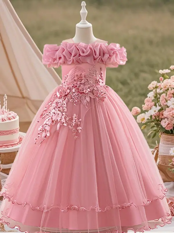 Off Shoulder Sequin Tulle Party Princess Dress, Elegant Floral Embroidery Sweater Dress for Evening Party, Kids Clothes for Summer 3