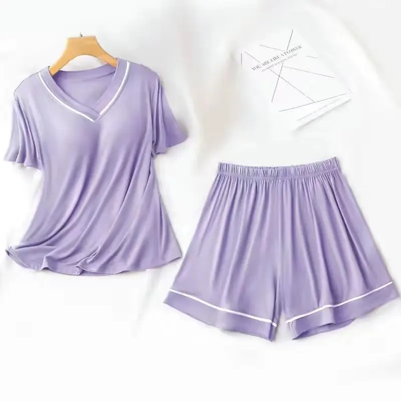 2024 Summer New Pajamas Women's Short-Sleeved Clothes and Shorts Two-Piece Set with Chest Pad Casual and Comfortable Solid Color Home Can Be Outerwear Homewear