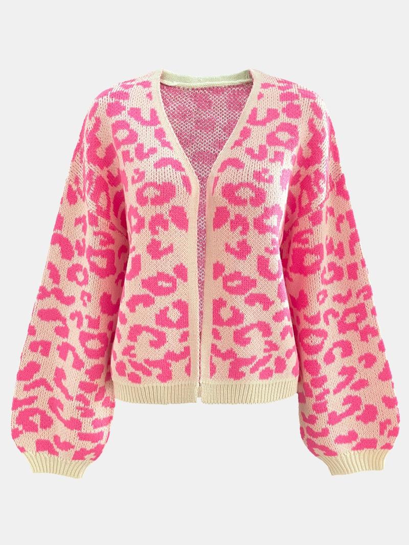 Product Introduction of Women's Colorblock Leopard Drop Shoulder Cardigan, Casual Long Sleeve Open Front Knitwear for Fall & Winter, Fashion Women's Knit Clothing for Daily Wear 3