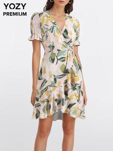 YOZY Women's Floral Print Puff Sleeve Wrap V Neck Dress, Casual Short Sleeve Dress for Summer, Women's Clothing for Beach Holiday