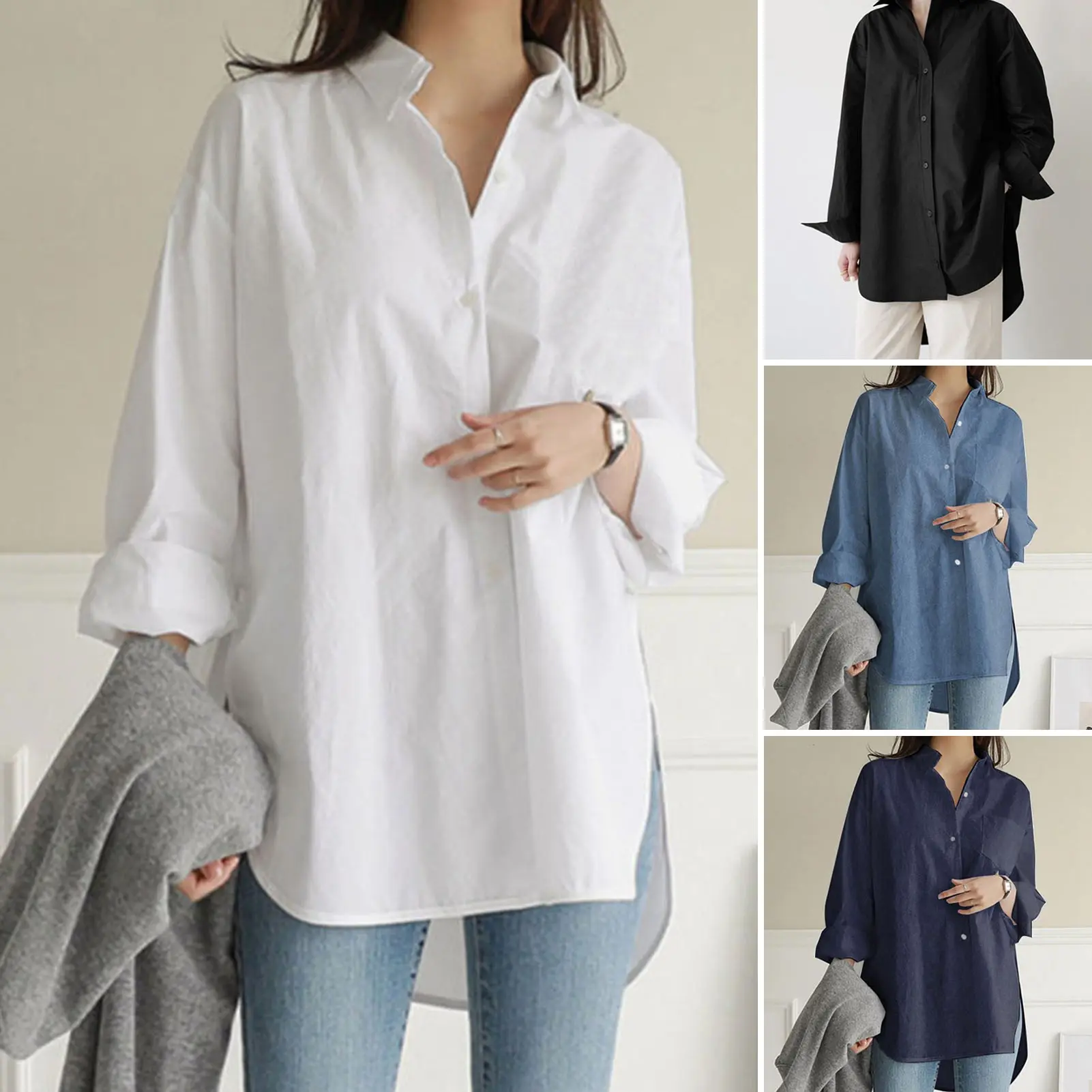 euyuxan Turn-Down Collar Solid Color Long Sleeve Single Breasted Women Shirt High-low Hem Side Split Loose Shirt Female Clothing