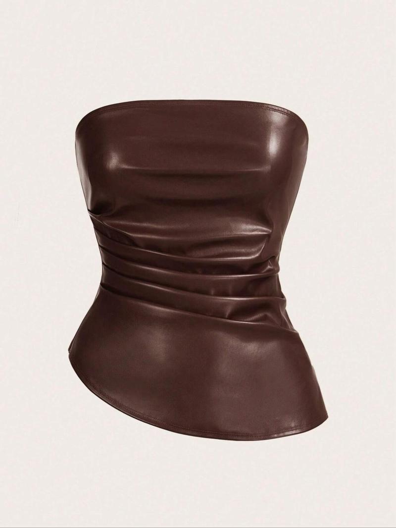 Product Introduction of Women's Solid Color PU Leather Tube Top, Fashionable Asymmetrical Hem Top for Daily Outdoor Wear, Ladies Clothes for Summer 5