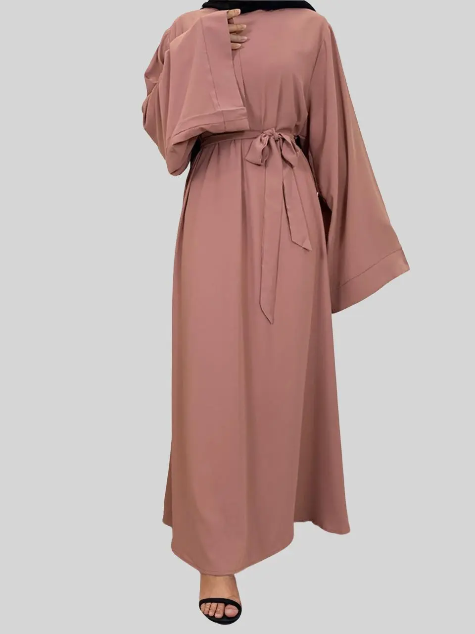 Arabic Clothing-solid Long Sleeve Round Neck Belted Maxi Arabian Dress, Summer Outfits 2024, Modest Long Kaftan Dresses for Women Spring Summer Fall, Abayas for Women, Modesty Clothing Dress for women, Winter Islamic Dresses, Birthday Dress Black Girl