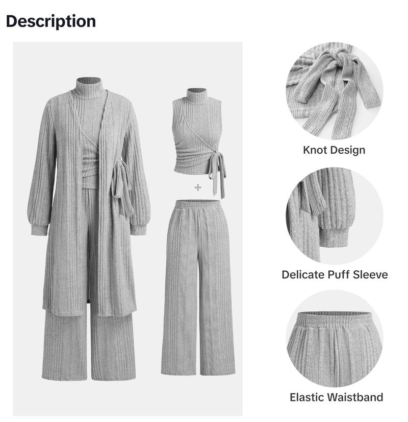 Product Introduction of YOZY Three-piece Set Women's Solid Ribbed High Neck Tank Top & Long Sleeve Open Front Outwear & Elastic Waist Pants, Casual Fashion Cozy Outfits for Daily Wear, Co-ord Sets for Women 4