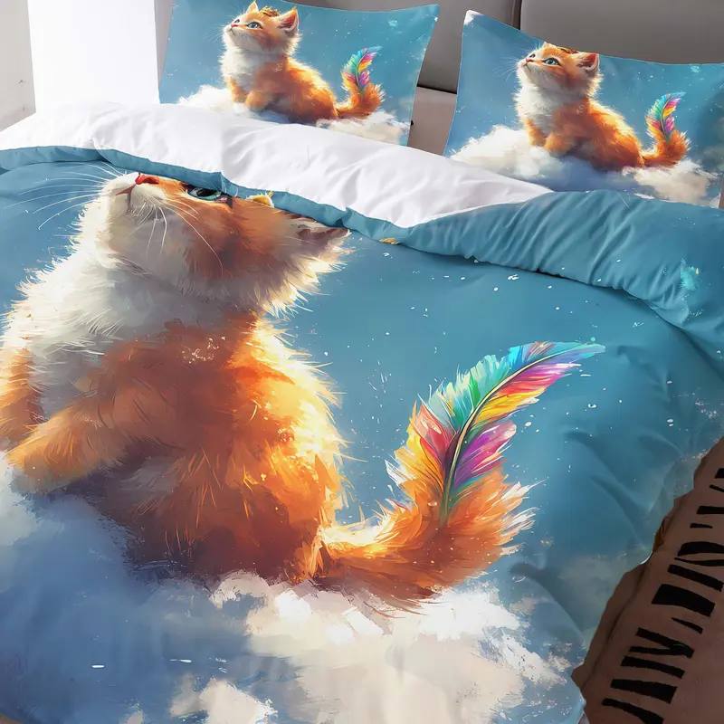 Cartoon Cat Print Duvet Cover Set, 1 Count Duvet Cover & 2 Counts Pillowcase without Filler, Soft Comfortable Bedding Set for Home Bedroom 5