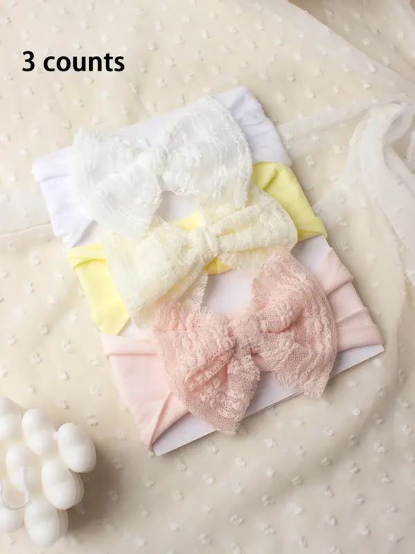 Baby's Bow Decor Contrast Lace Hair Band, Cute Solid Color Stretchy Hair Band Set, Newborn Infant Kids Hair Accessories 0