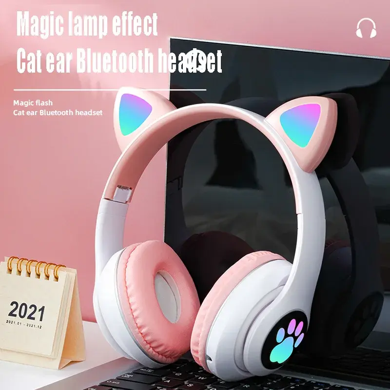 Cat Ear Light Emitting Bluetooth Headset Headset Noise Cancellation Cell Phone Wireless Foldable Gaming Headset LED Stereo Music Helmet Type Bluetooth Headset
