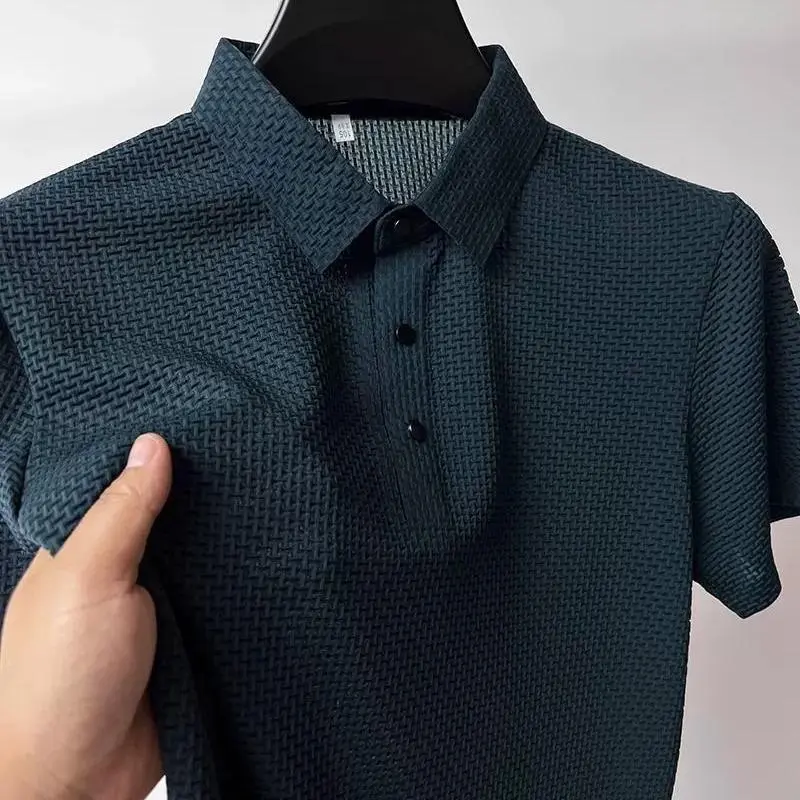 Áo Polo Lụa Lạnh Hàng Mới Về, ngắn Tay, Dành Cho Nam Giới, Mặc Mùa Hè, Mỏng Vừa Vặn, Cao Cổ, Thích Hợp Mặc Công Sở 4