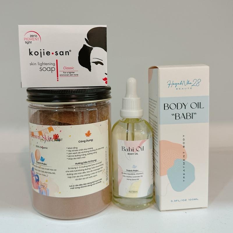 COMBO 5 BỘT BROWNSKIN + SOAP KOJIESAN + BABI OIL HỖ TRỢ DƯỠNG DA BODY TẶNG TÚI LƯỚI
