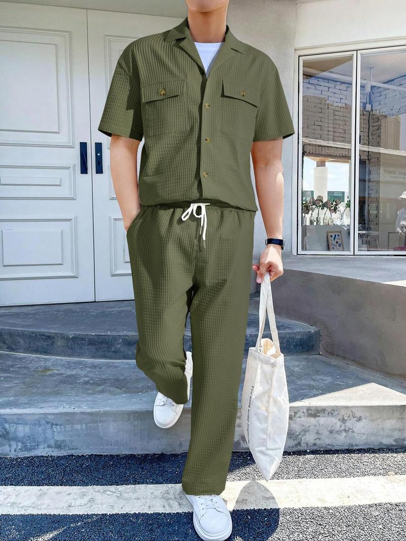 Product Introduction of Two-Piece Set Men's Plain Pocket Button Front Shirt & Drawstring Waist Pants Set, Regular Fit Casual Short Sleeve Lapel Neckline Top & Elastic Waist Trousers, Men Outfits for Summer 5