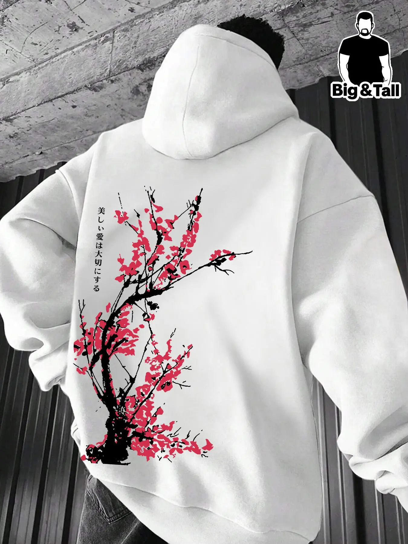 【Plus Size】Unisex Cherry Blossom Tree Print Drawstring Hoodie, Men's Loose Casual Hooded Sweatshirt for Fall & Winter, Men's Clothing for Daily Wear