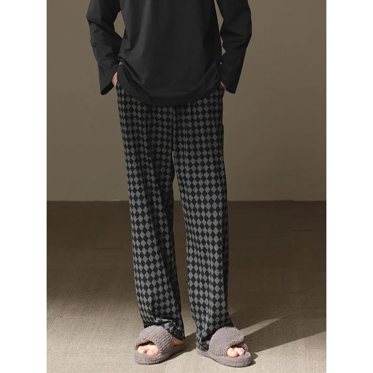 40-150kg Men's Pajama Pants Spring Summer Autumn Casual Plaid Long Pants Elastic Waist Loose Straight Home Pants