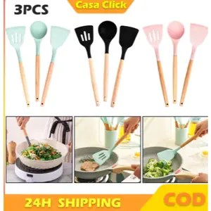 3 Pcs Set Peralatan Dapur Silikon Premium - Spatula Kayu & Spatula Silikon Anti Lengket