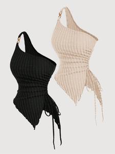 Top sin mangas con hombro único y cordón ajustable al costado, elegante top asimétrico fruncido para uso diario, ropa de mujer para todas las estaciones